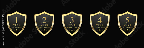 Set of luxury golden warranty logo. Realistic golden shield warranty numbers 1, 2, 3, 4, and 5 years. 3D Warranty card stamp for service provider and customer. Vector illustration.
