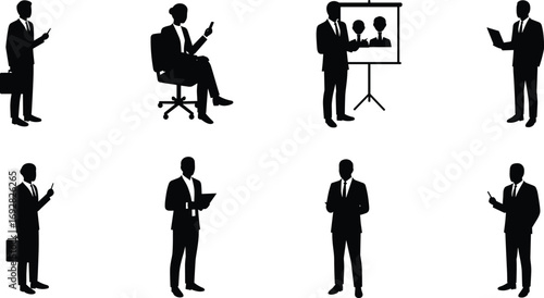 Business people silhouettes, professional men in suits, holding smartphones, briefcases, presentation boards, standing, sitting, corporate teamwork, office communication, business conce