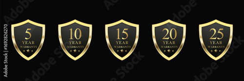 Set of luxury golden warranty logo. Realistic golden shield warranty numbers 5, 10, 15, 20, and 25 years. 3D Warranty card stamp for service provider and customer. Vector illustration.