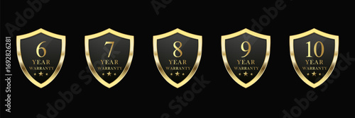 Set of luxury golden warranty logo. Realistic golden shield warranty numbers 6, 7, 8, 9, and 10 years. 3D Warranty card stamp for service provider and customer. Vector illustration.