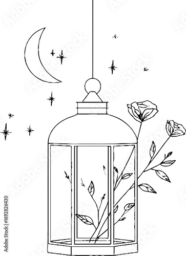 Minimalist line art of lantern with botanical elements for aesthetic design