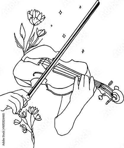 Minimalist line art illustration of violinist silhouette with flowers for music and art lovers