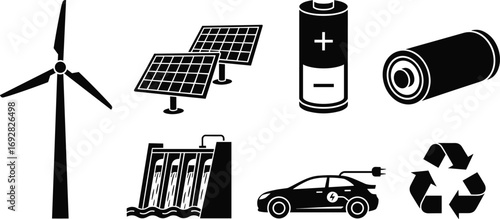 Clean energy icon set, solar panel, wind turbine, battery, hydro power, electric vehicle, recycle, eco symbol, black vector