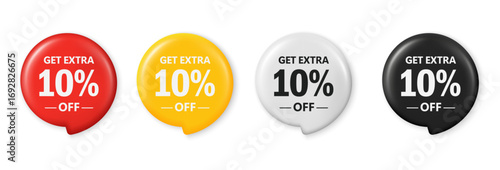 Get extra 10 percent off sale. Save 10 percent. 3D tag promotion design for shopping, marketing, advertisement, banner and web. Red, yellow, white, and black discount tags. Vector illustration.