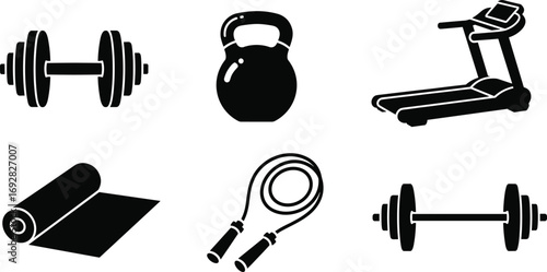 Fitness equipment icons set, gym workout tools, dumbbells, kettlebell, treadmill, exercise mat, jump rope, strength training, cardio fitness, health