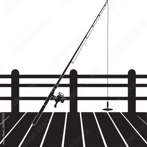 Silhouette of a fishing rod and reel on a wooden pier with a fence isolated on white background