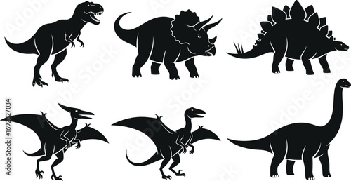 Dinosaur silhouettes collection, T-Rex, Triceratops, Stegosaurus, Pterodactyl, Brachiosaurus, Velociraptor, prehistoric animal, Jurassic era, ancient reptile, vector