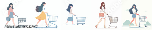 vector of a woman pushing a shopping trolley