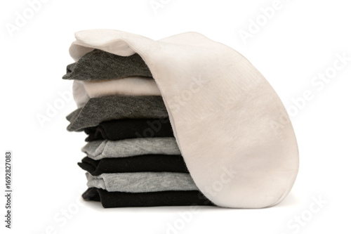 Men's new clean socks on a white background. White, gray and black colors.