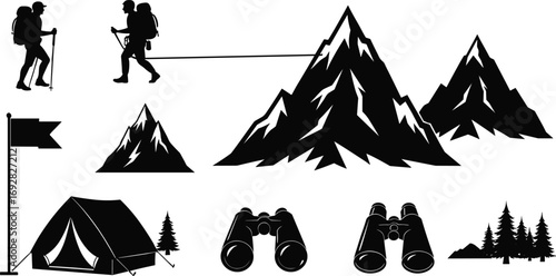 Hiking camping silhouettes, mountain climbing adventure, backpackers with trekking poles, camping tent, binoculars, forest trees, outdoor exploration.