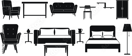 Modern furniture silhouettes collection, armchair, sofa, bed, table, lamp, cabinet, minimalist home decor, living room, bedroom, stylish interior, contemporary design elements.