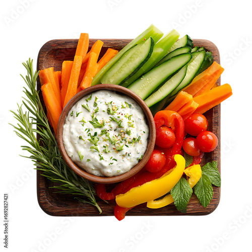 Fresh veggie platter with creamy dip garnished PNG