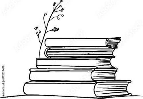 Minimalist line art of stacked books with floral element for aesthetic decor
