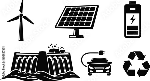 PrintRenewable energy icons with wind turbine, solar panel, battery, hydroelectric dam, electric car charging, recycle symbol, sustainable power concept
