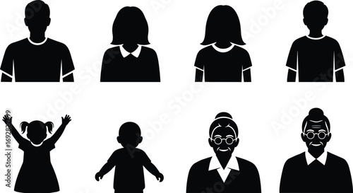 Silhouette icons of diverse family members including men, women, children, elderly, happy expressions, different ages, simple black vector design
