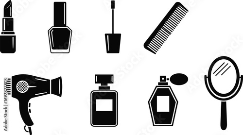 Silhouettes of beauty and grooming products including lipstick, nail polish, nail brush, comb, hair dryer, perfume, and mirror icons