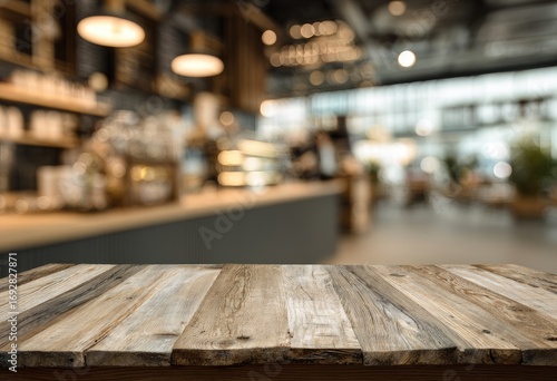 Rustic wooden table top in front of a blurred cafe interior
