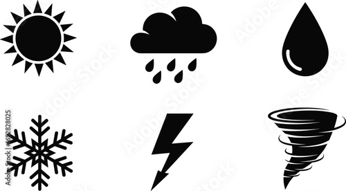 Silhouettes of weather icons including sun, rain cloud, water drop, snowflake, lightning bolt, and tornado, simple weather symbols vector