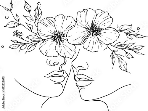 Intersecting faces with floral accents in minimalist line art for modern aesthetic design