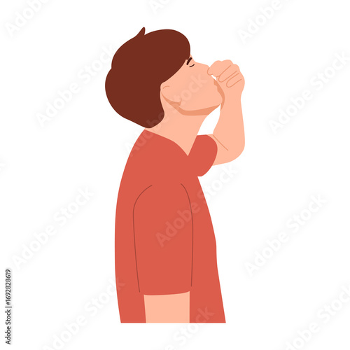 Vector illustration of man experiencing nosebleed or epistaxis. blood is shown bleeding from the nostril