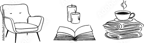 Minimalist line art of armchair, candles, open book, and coffee cup for bohemian home decor