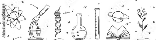 Minimalist line art collection featuring atom, dna, test tube, and microscope for scientific designs