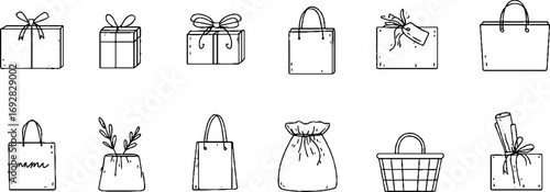 Minimalist line art collection featuring box, bag, ribbon, bow, and tag designs for aesthetic appeal