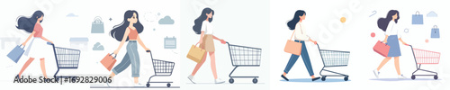 vector of a woman pushing a shopping trolley