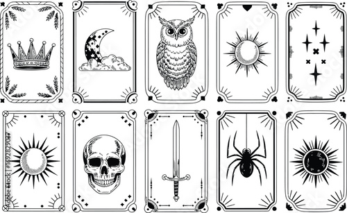Mystical Tarot Cards Crown, Moon, Owl, Sun, Stars, Skull, Sword, Spider, Celestial Illustrations