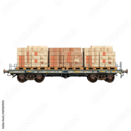 Freight train cargo car loaded with boxes and packages for transport