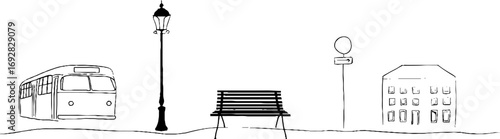 Minimalist line art set with bus, street lamp, and bench for urban design and decor