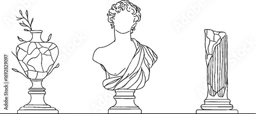 Minimalist line art of bust and artifacts - aesthetic design for print and decor