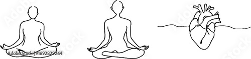 Minimalist line art of meditation poses and heart symbol for spiritual design