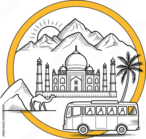 Sketch of taj mahal with bus camel mountains palm tree and sun within circle vector