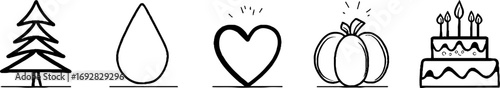 Minimalist line art set: christmas tree, easter egg, heart, pumpkin, and cake designs for festive decorations