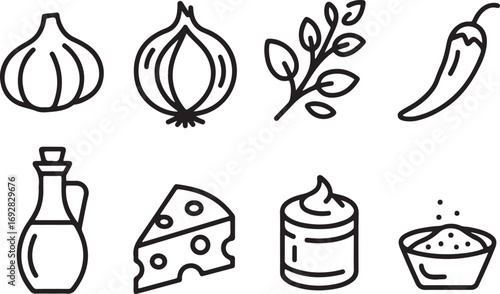 Black outline icons of food ingredients including garlic onion chili pepper herbs oil cheese and spices