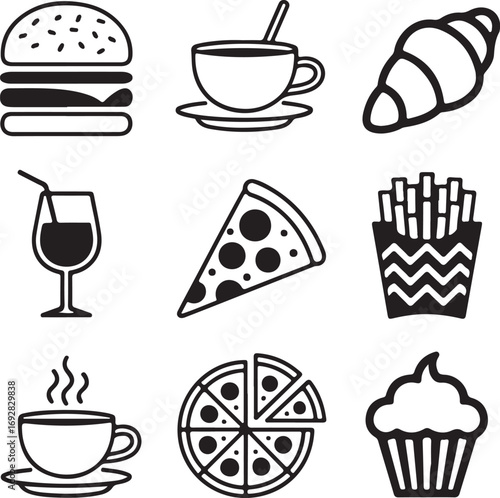 Black and white icons of fast food and drinks arranged in a grid hamburger coffee cup