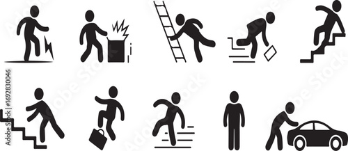 Collection of black stick figure icons depicting various accident scenarios and safety warnings danger