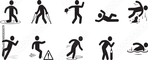 Collection of black stick figure icons depicting various human activities and hazards activity