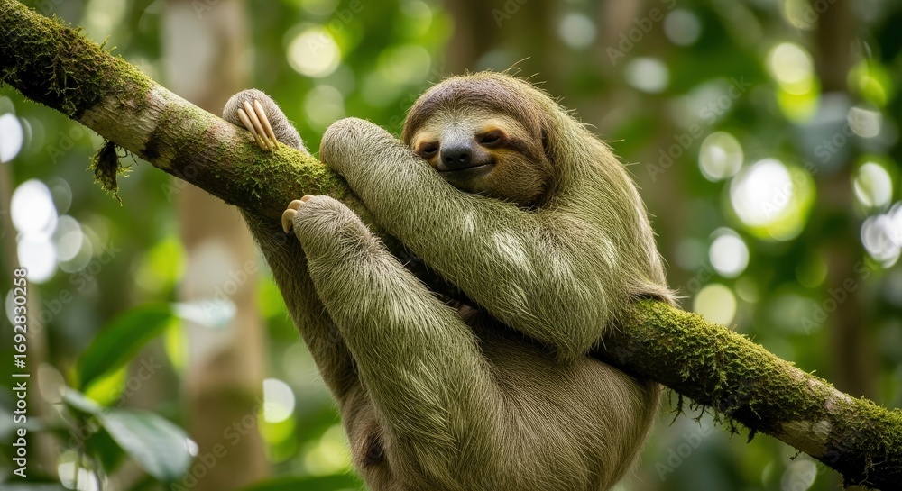 Fototapeta premium A relaxed mammal with greenish-brown fur clings to a moss-covered tree branch in a vibrant blurred forest environment