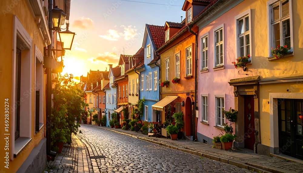 Fototapeta premium A cobblestone street is framed by colorful buildings in the golden hour. Warm light bathes the scene highlighting the charm of the quaint European architecture