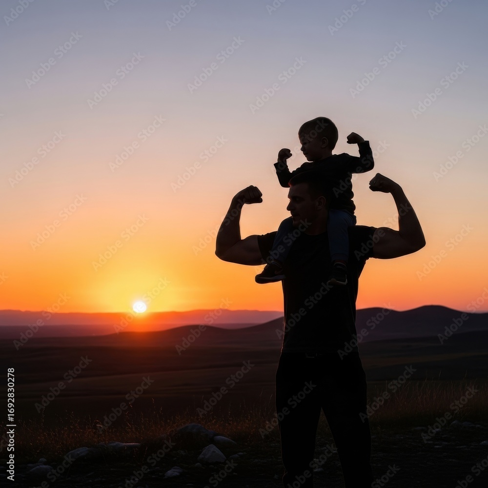 Fototapeta premium Father and child silhouette at sunset showing strength and family bond white background
