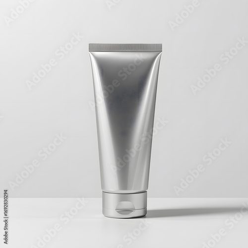 A plain silver cosmetic tube with a fliptop cap, isolated on a white background, showcasing its sleek and modern design for beauty products
