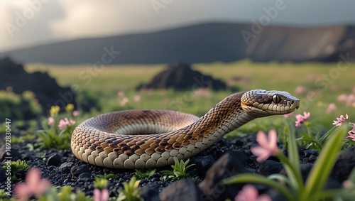 A beautiful snake coiled among flowers and rocks in a scenic natural setting