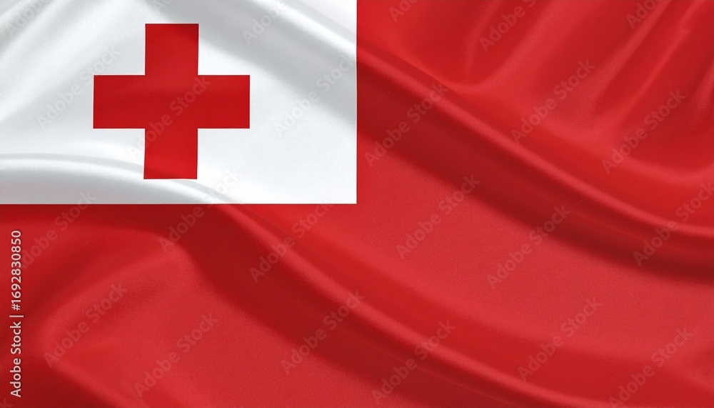 Fototapeta premium Tonga’s red flag with white canton and red cross—symbolizing Christianity, sacrifice, and purity.