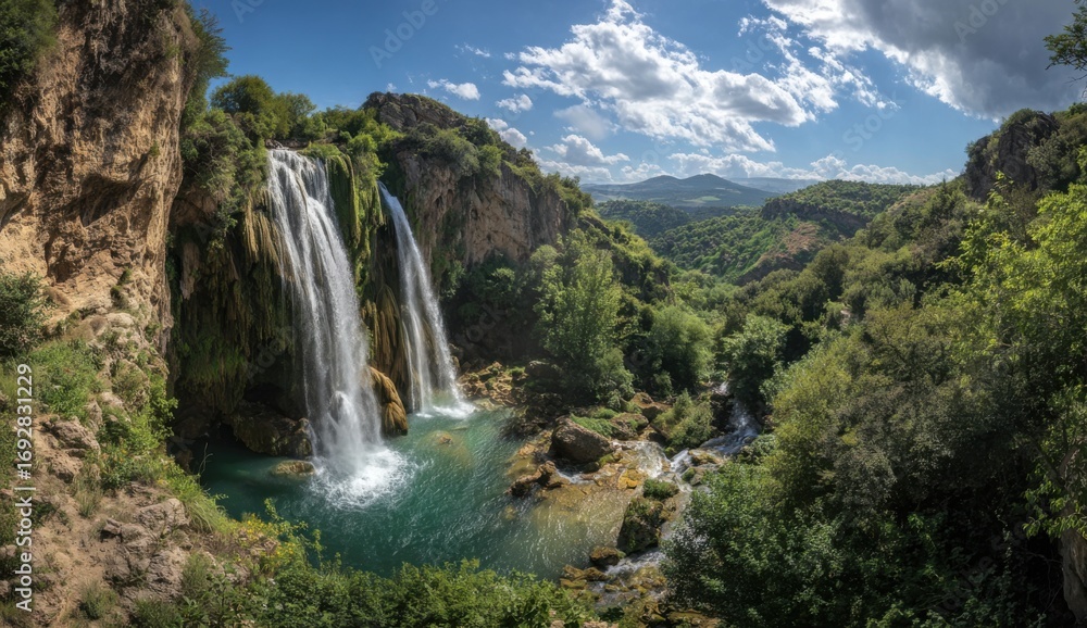 Fototapeta premium Panoramic view of a double waterfall cascading into a serene pool