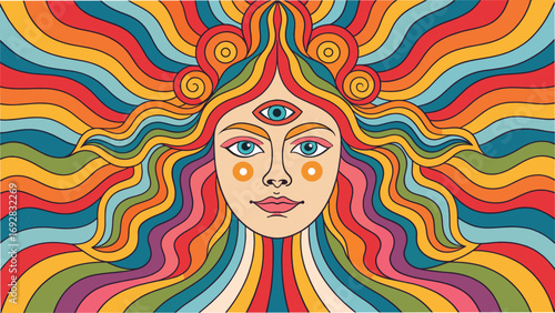 Colorful psychedelic illustration of a woman with unique features,  for art prints, fashion and welfare promotion