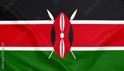 Kenya’s flag with black, red, and green stripes, white borders, and a central Maasai shield—symbolizing unity, freedom, and cultural strength.