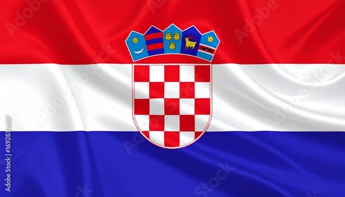 Croatia’s red, white, and blue tricolor flag with central checkerboard coat of arms and five regional shields—symbolizing unity, heritage, and national pride.