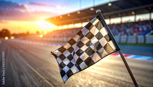 Checkered racing flag at finish line of racetrack.